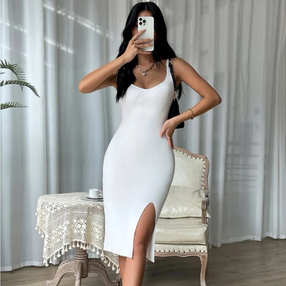 White midi knit dress